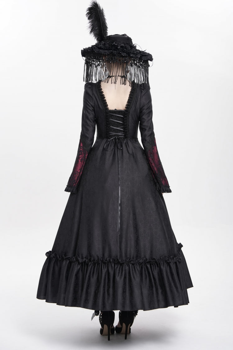 Scarlet Embroidered Lace-Up Pleated Gothic Dress