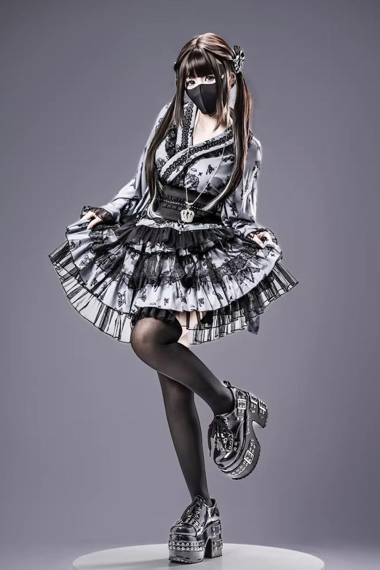 Studded Ruffled Lace Print Gothic Jirai Top and Skirt Set in Three Shades