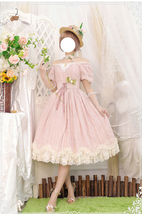 Pink Square-Collar Short-Sleeve Ruffled Vintage Lolita OP Dress