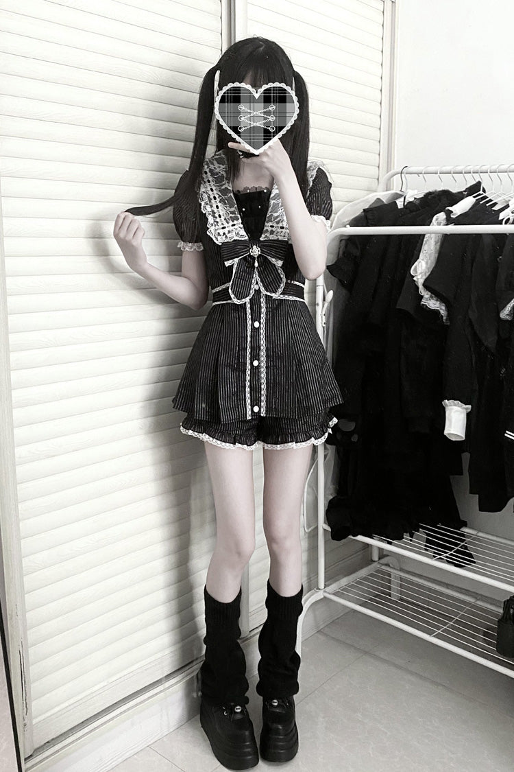 Black Serenade Short Sleeve Ruffle Bow Lace Sweet Jirai Kei Dress Set