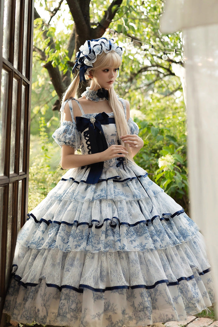 Cerulean and Ivory Sleeveless Bow Print Chinese Classic Sweet Lolita JSK Long Dress with Fishbone Details