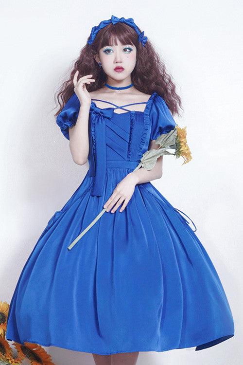 Azure Ruffled Puff-Sleeve Square-Neck High-Waist Classic OP Gown