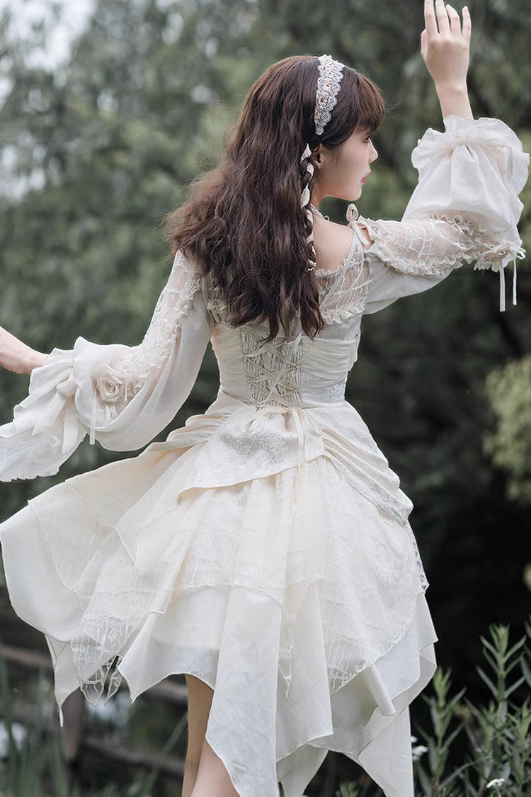 White Layered Bow Elegant Asymmetric Princess Lolita Dress
