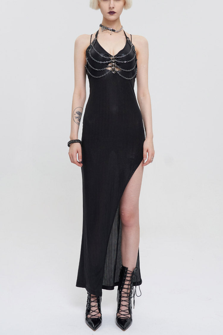 Punk Dress with Cutout Chain Halter Lace High Slit Long