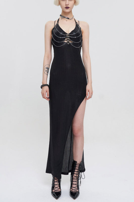 Punk Dress with Cutout Chain Halter Lace High Slit Long