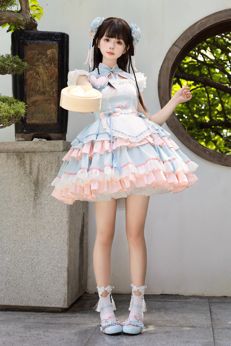 Blue Pink Multi-Layered Ruffled Sweet Chinese Maid Cheongsam Dress