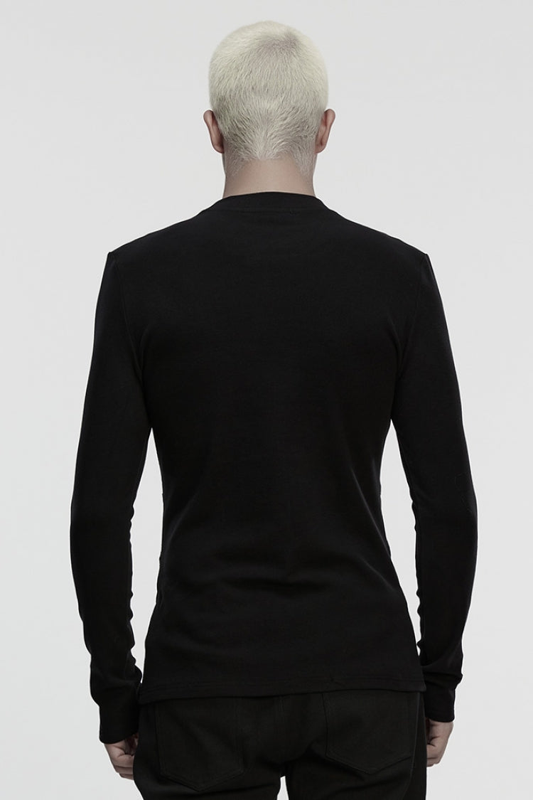 Shadow Crewneck Long-Sleeve Buckled Strappy Pleated Eyelet Punk Top for Men