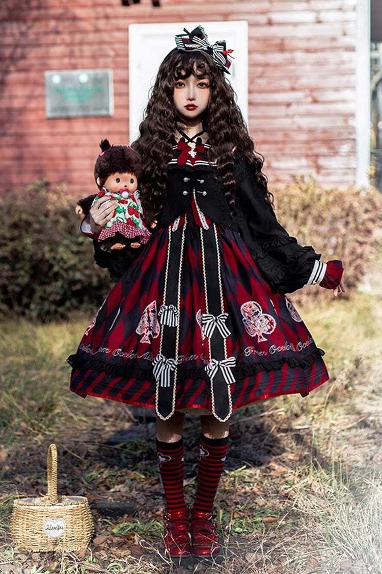 Crimson & Noir Heart Print Bow Accent Sweet Lolita Jumper Dress