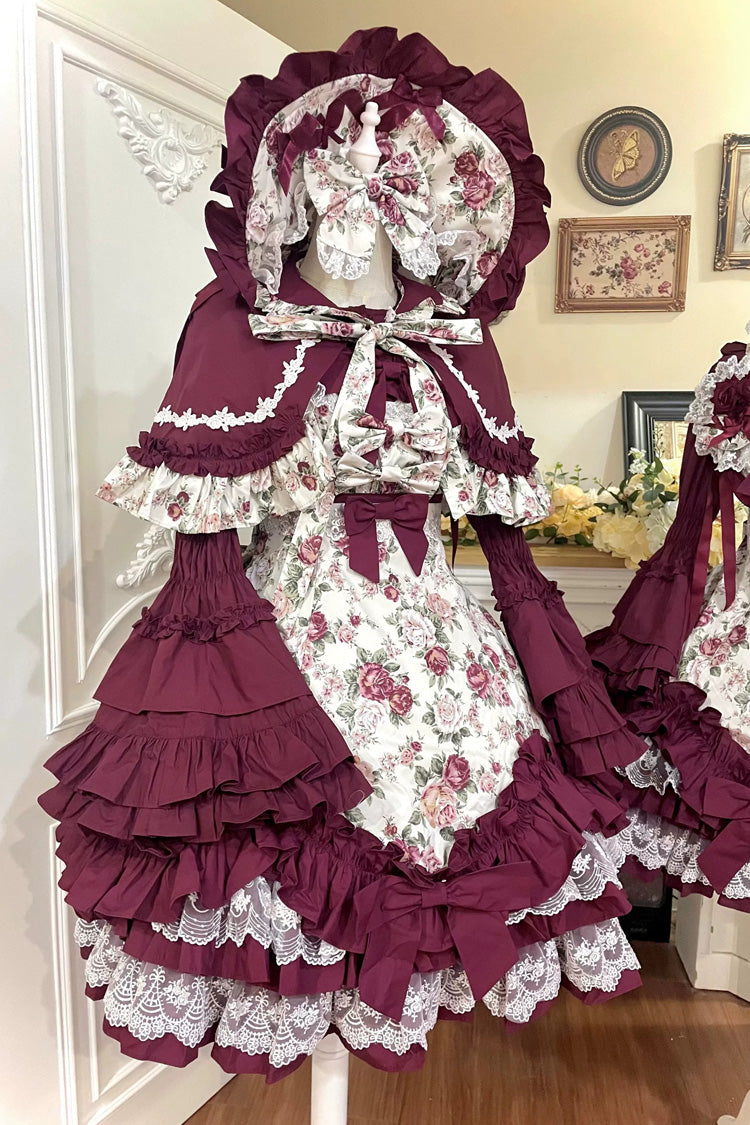 Burgundy Off-Shoulder JSK Dress with Ruffled Lace