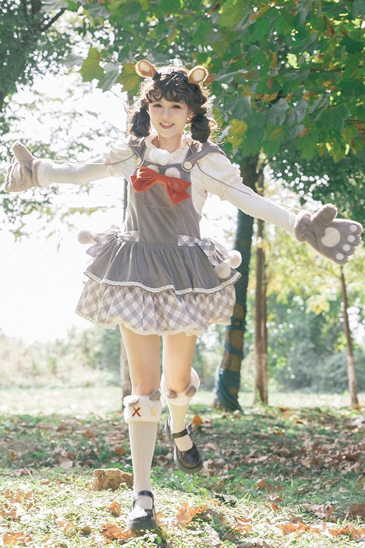 Grey Cute Grizzly Bear Plaid Bowknot Sweet Lolita Jsk Dress
