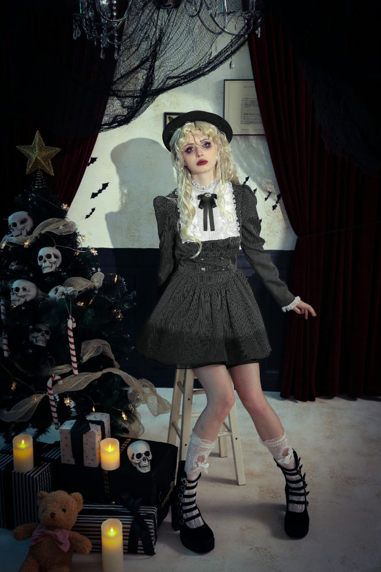 Black/White Striped Lace-Up Gothic Dress with Bow