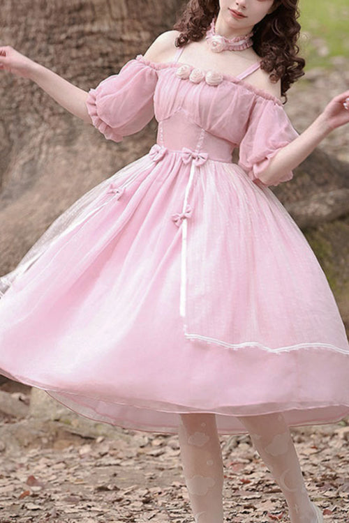 Boat Neck Bubble Short Sleeve Blossom-Adorned High-Waist Girly Lolita Dress