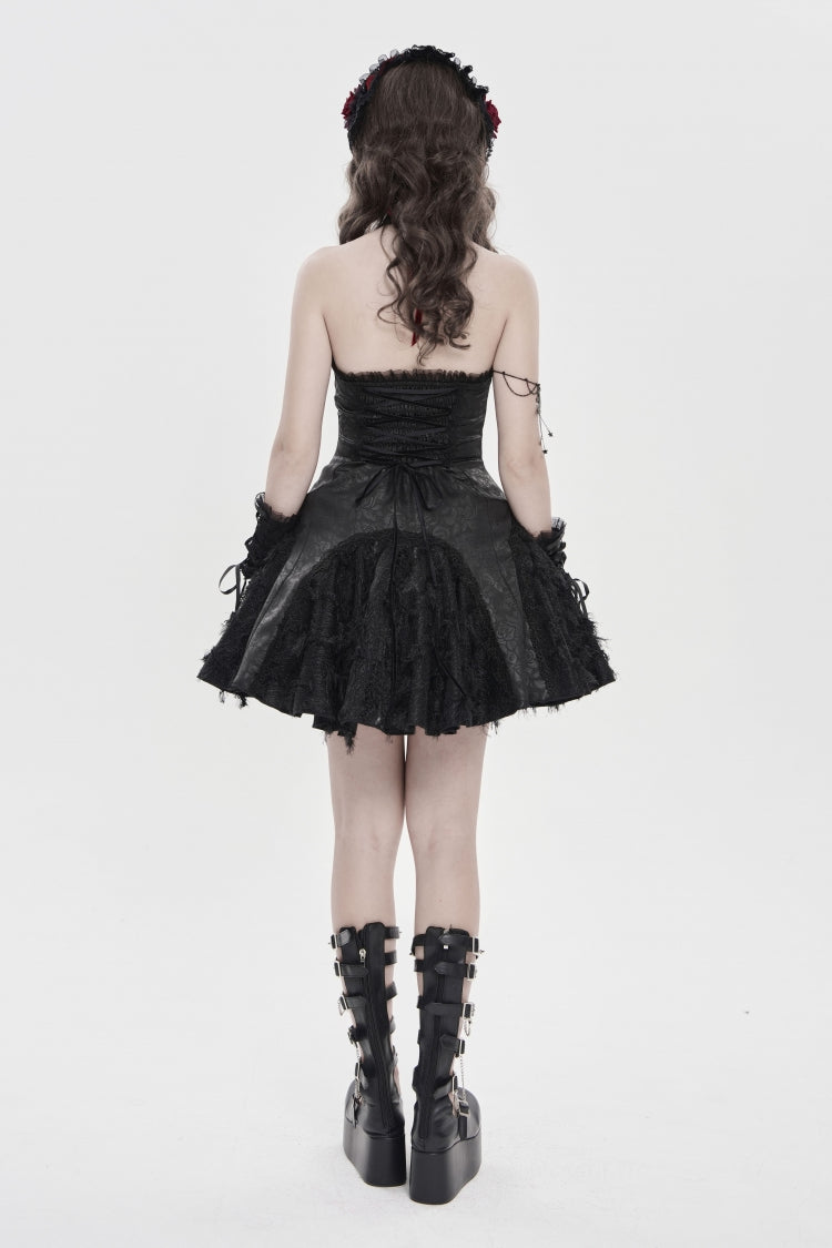 Off Shoulder Sleeveless Printed Spliced Lace Lace-Up Pleated Gothic Dress