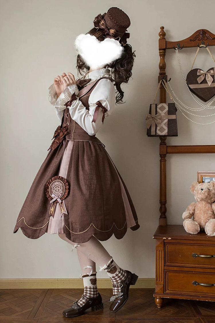 Brown Printed Embroidered Bow Lace-Up Classic JSK Dress & Skirt - Teddy Chocolate Bar
