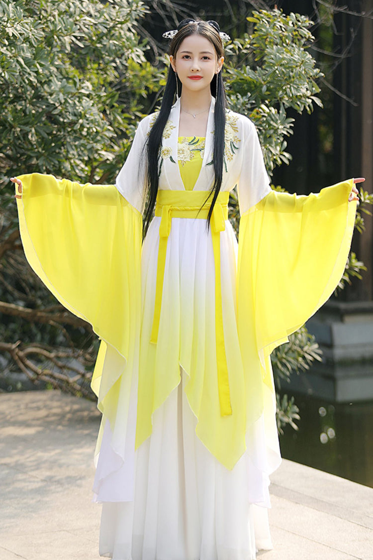 Ivory and Yellow Gradient Embroidery Asymmetric Sweet Hanfu Full Outfit