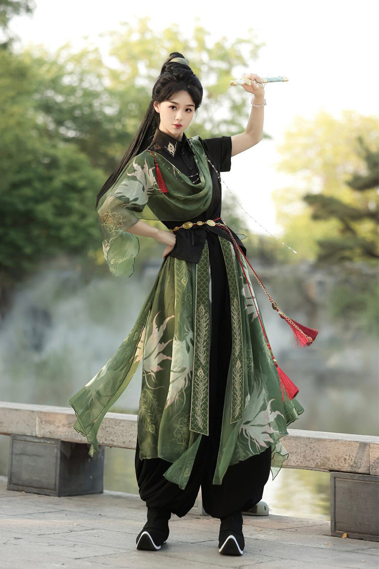 Embroidered Lapel Collar Short Sleeve Wuxia Hanfu Pants Set
