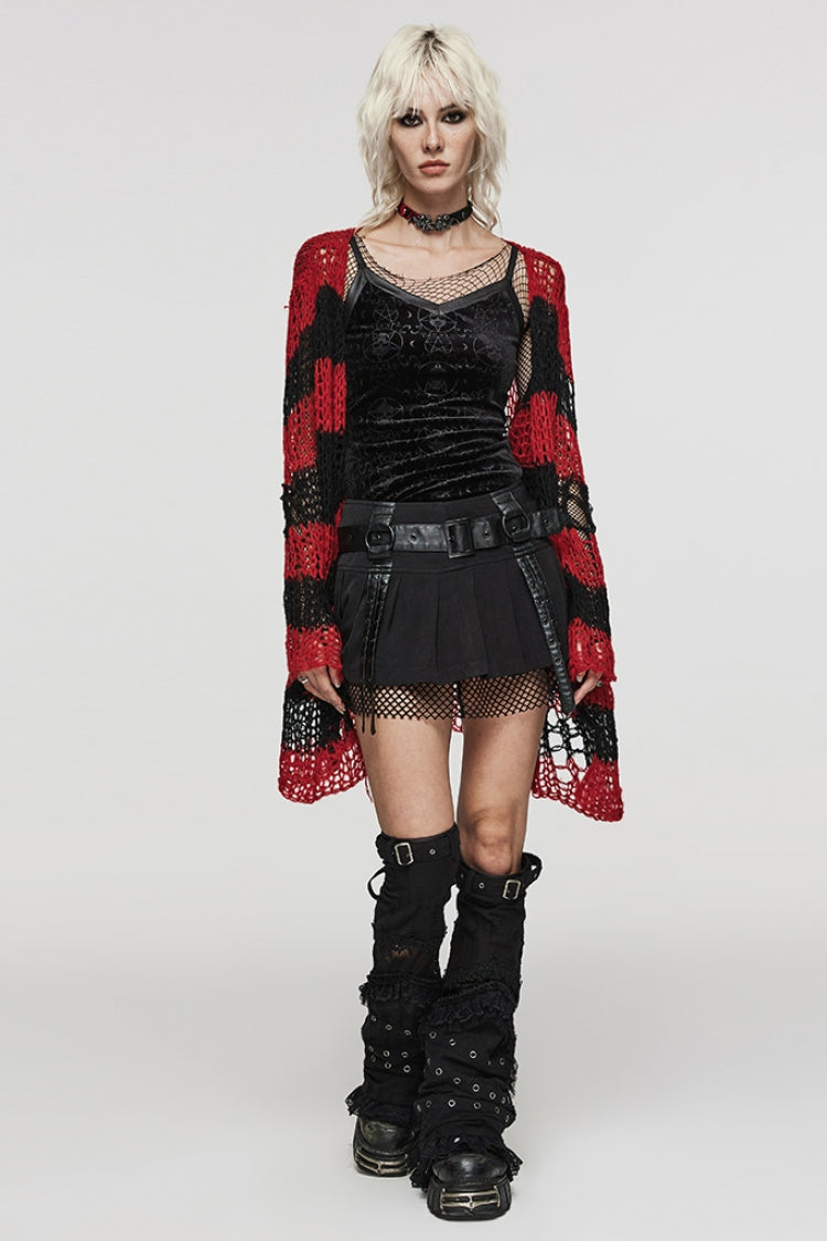 Irregular Ripped Striped Sweater with Zipper Accents