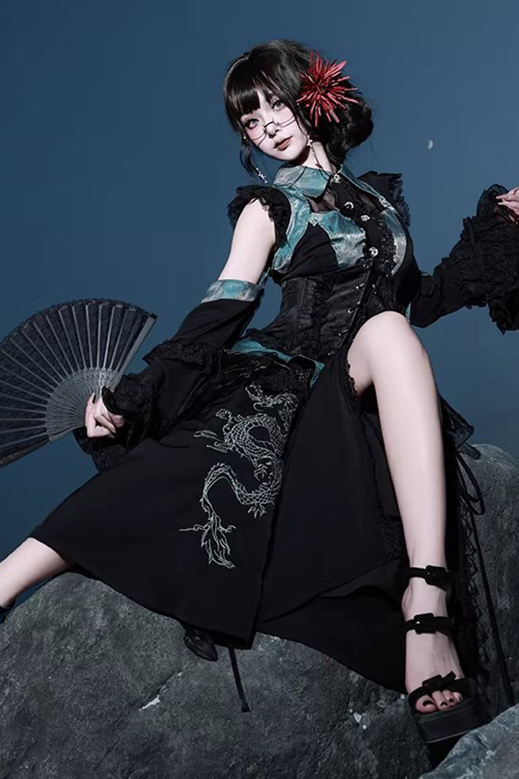Sky Dragon Chinese Gothic Lolita Embroidered Skirt Set with Print