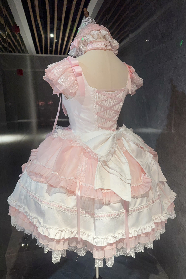 Pale Pink & White Sleeveless Triple-Layer Ruffled Bow Lace Ballet Sweet Lolita JSK