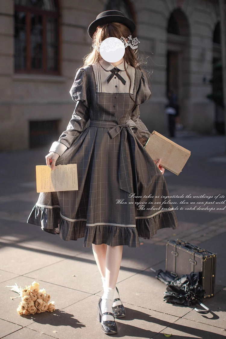 Grey Plaid Print Bow Classic Vintage College Dress