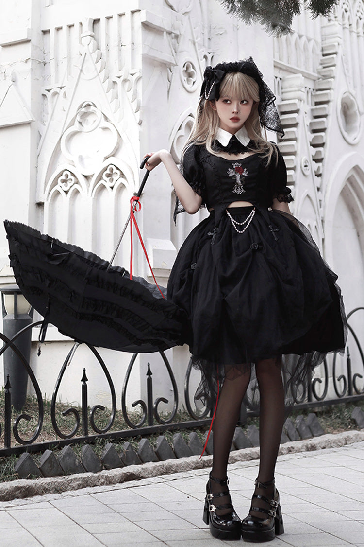 Embroidered Cutout Lolita Dress Set with Short Sleeves in Black