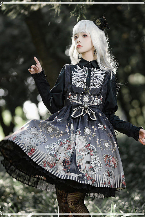 Black Fairy Tale Print JSK Dress with Lapel Collar