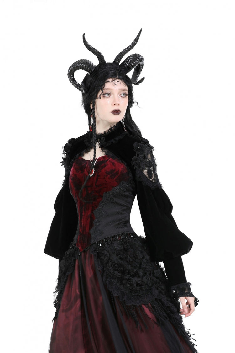 Jet-Black Gothic Cape with Velvet Panels and Lantern Sleeves