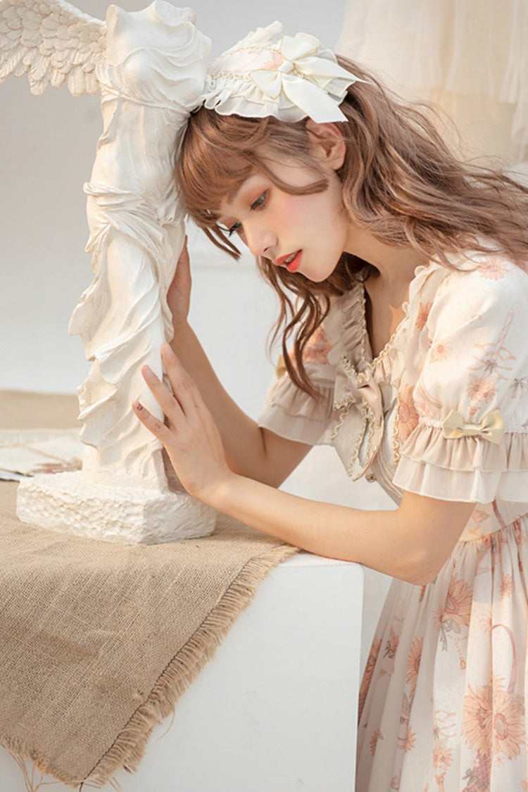 Cream Miss Sunflower Short Sleeve Printed Bow Frilled Sweet Lolita Dress
