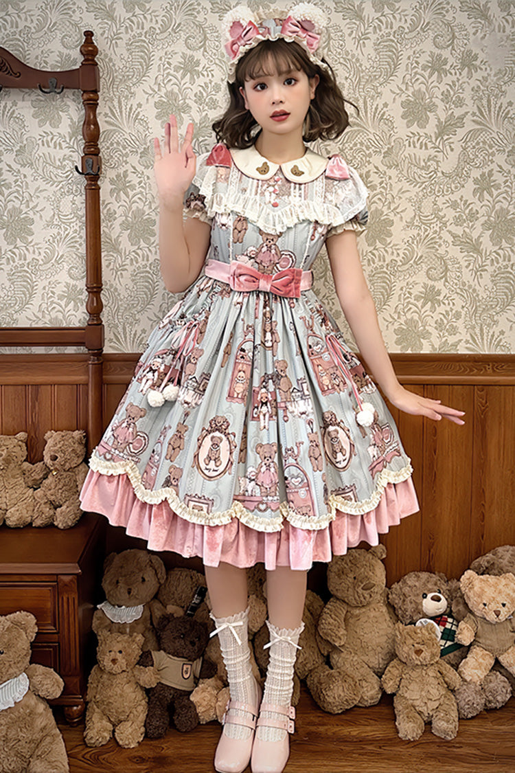 Pink Green Bear Wall Print Short Sleeves Ruffle Bow Sweet Lolita Dress