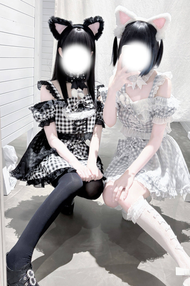 Jirai Kei Skirt Set with Plaid Print and Lace-Up Front - Night Rabbit Dream, Short Sleeves