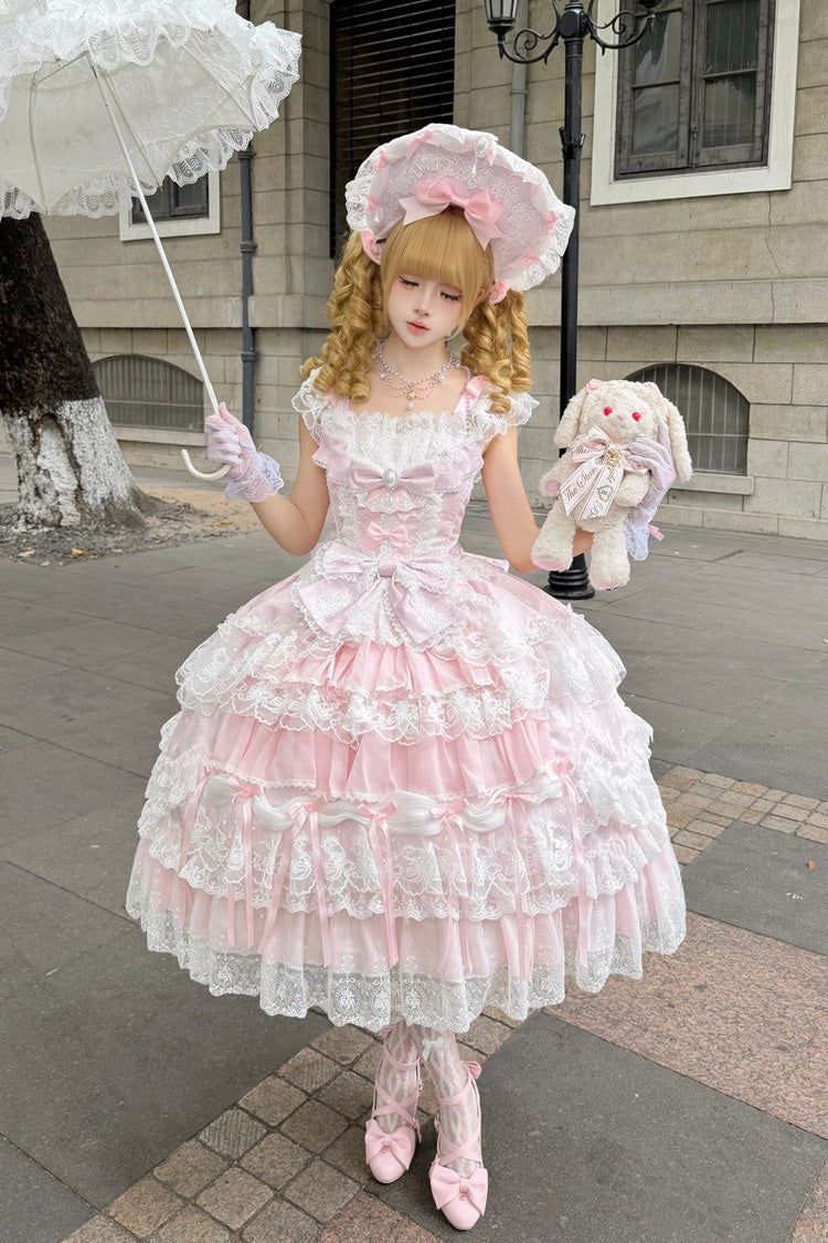 Eternal Floral Message Square Collar Sleeveless Multi-Layered Embroidered Bow Lace Sweet Lolita Jsk Dress - Pink
