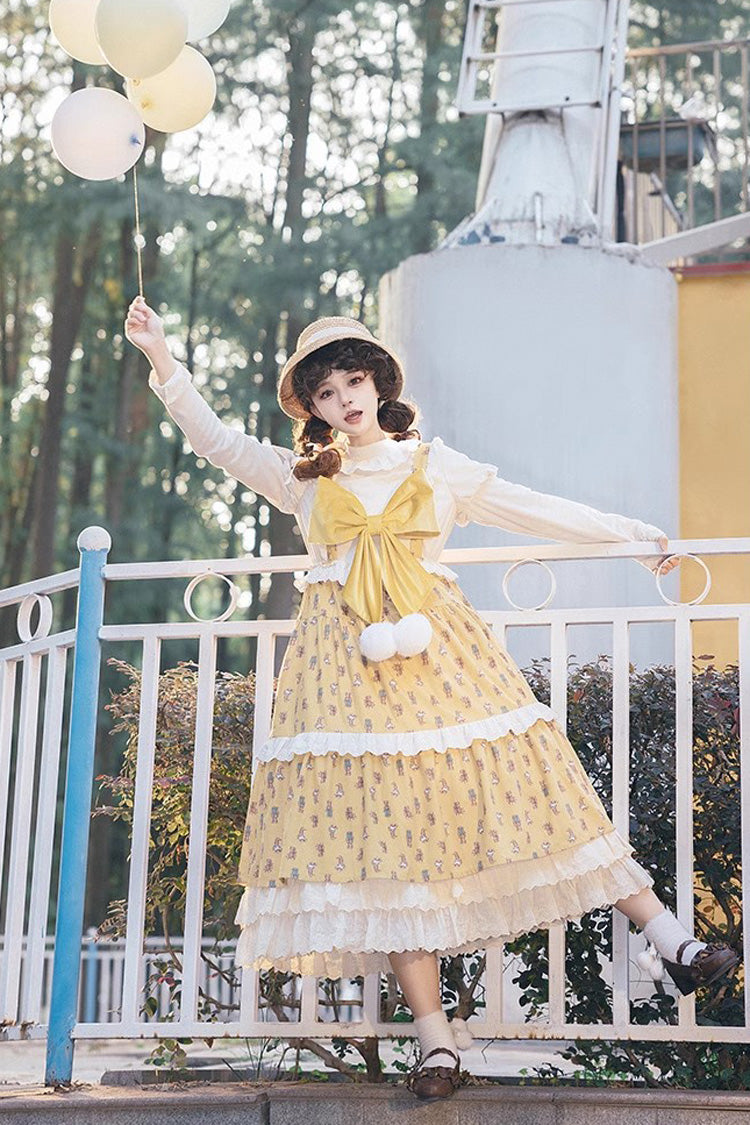 Yellow Stuffed Bear Printed Bow Sweet Lolita Jumper Dress