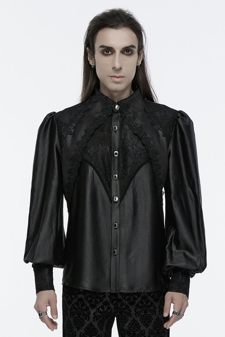 Jet-Black Gothic Shirt with Puffed Sleeves and Lace Panels for Men