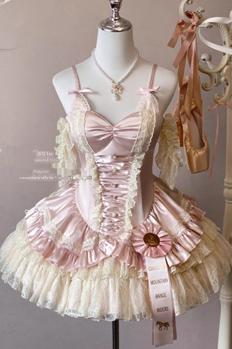 Pink Multi-Layered Ruffled Bow Lace Sweet Ballet Lolita JSK Dress