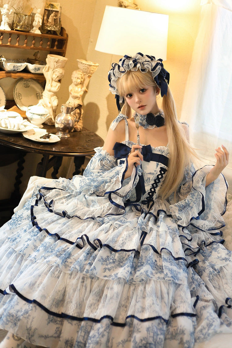 Cerulean and Ivory Sleeveless Bow Print Chinese Classic Sweet Lolita JSK Long Dress with Fishbone Details