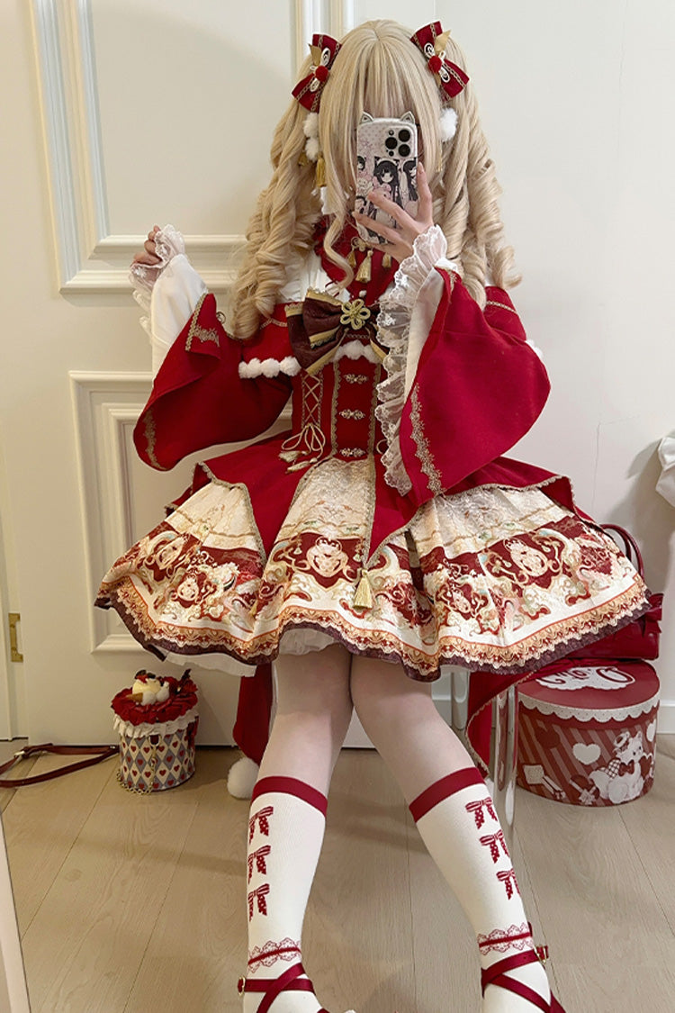 New Year Red Print Ruffle Bowknot Lace-Up Sweet Chinese Style JSK Dress