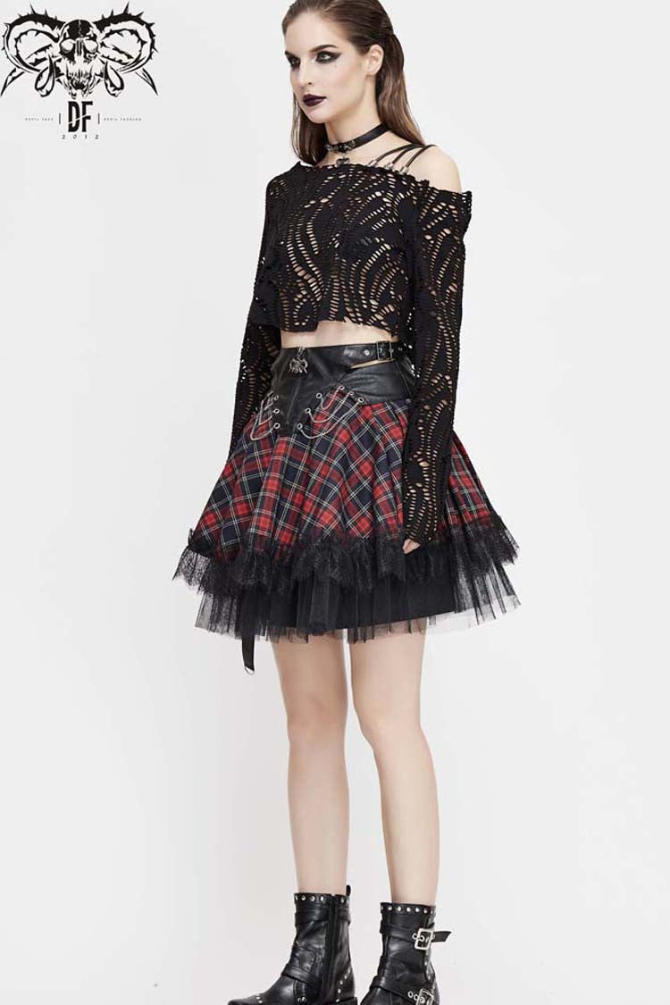Jet-Black Punk Shirt with Lace-Up Straps and Cutout Collar for Women