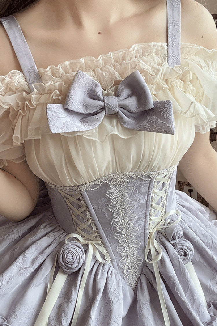 Triple-Layered Ballet Bow Lace-Up Sweet JSK Dress in Purple Ivory