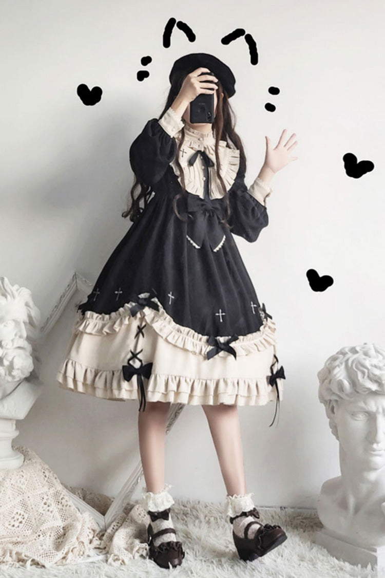 Jet Crewneck Chest Bow Cross Print Ruffled Sweet Lolita OP Dress Plus Size