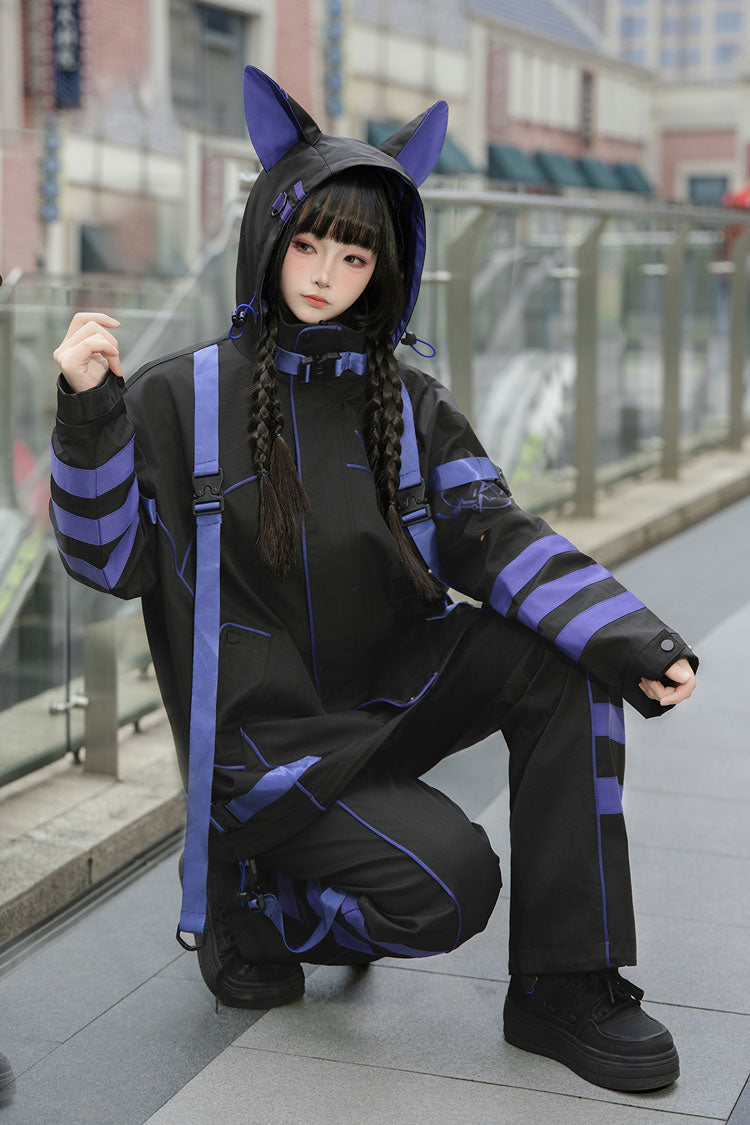 Blue/Black Long Sleeve Cat Ear Hooded Jirai Kei Coat