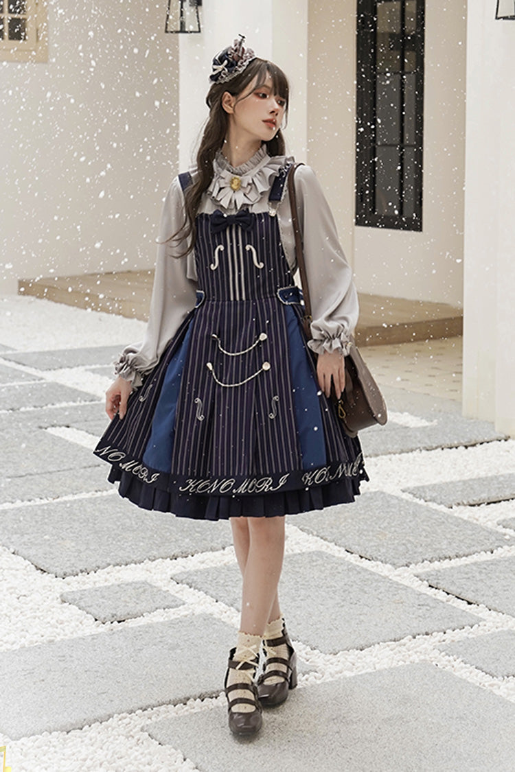Sweet College Lolita Strap Dress Violin Embroidery Bowknot Ruffled - Two Colors