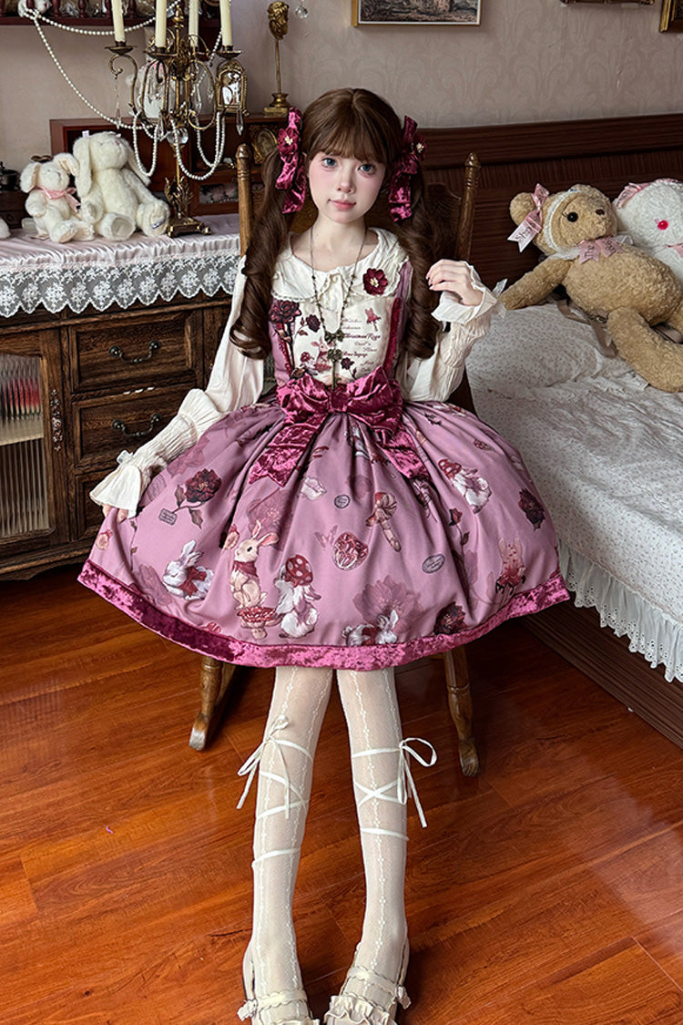 Sleeveless Rabbit Sunflower Print Ruffle Embroidery Bow Sweet JSK Dress Short in Red