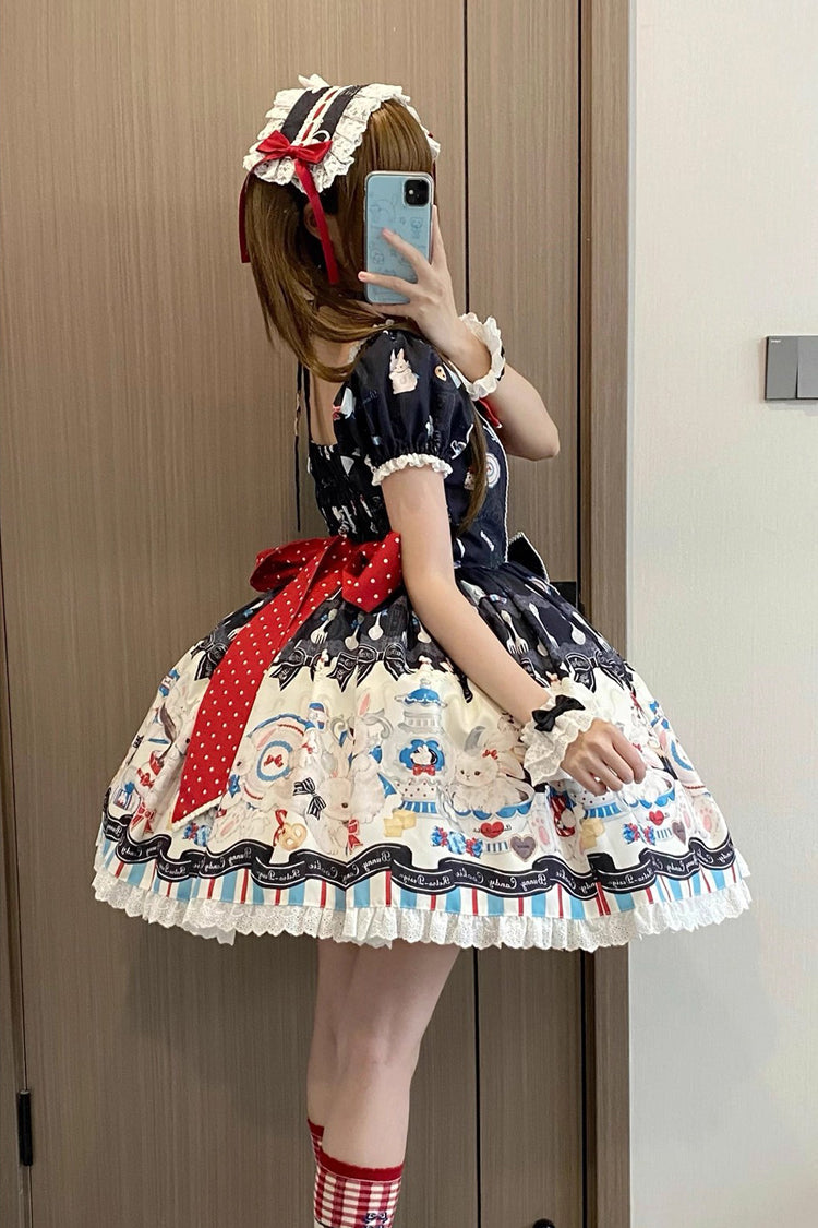 Square Collar Short Sleeve Print Ruffle Sweet Lolita Dress Black