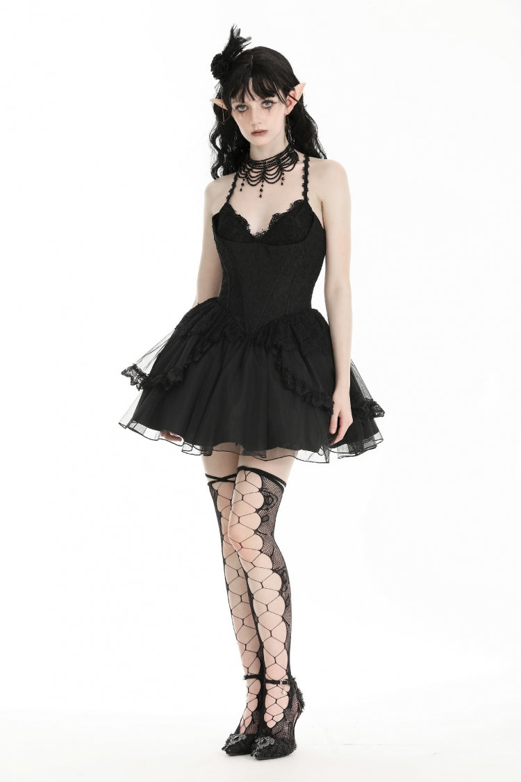 Lace Trimmed Lace-Up Gothic Party Slip Dress with V-Neck