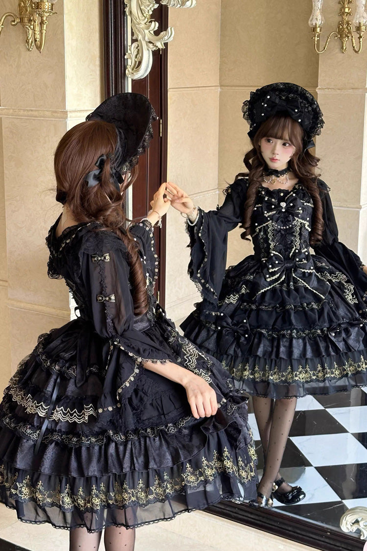 Noir Doll-Style Layered Ruffled Lace Gown - Dream-Sinking Pearl Veil
