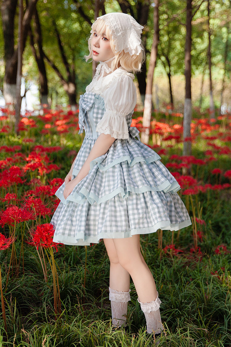 Blue Triple-Layered Plaid Ruffle Bow Sweet Lolita Dress