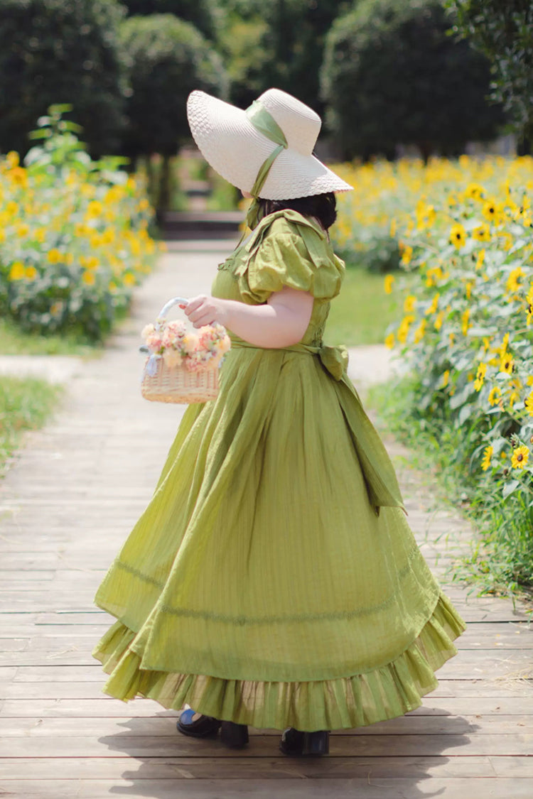 Square Collar Ruffled Bow Dress - Forest Gallery