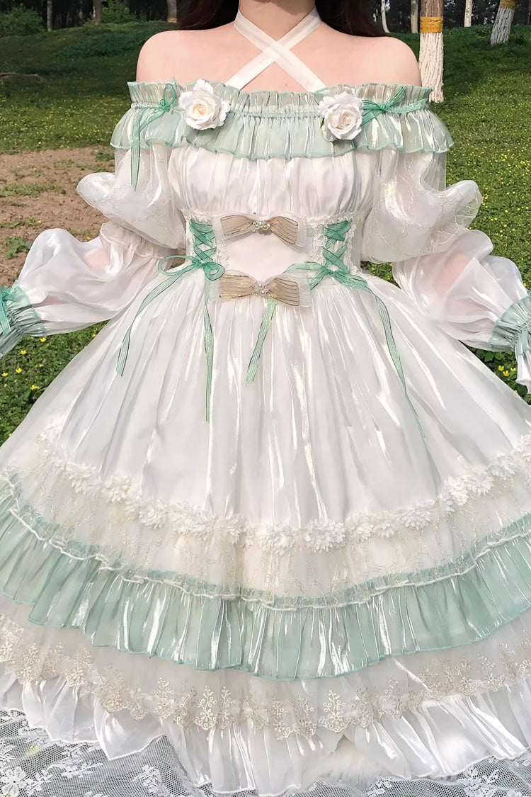 Long Sleeve Multi-Layer Ruffle Bow Lace Lace-Up Sweet Princess Lolita Dress - Green