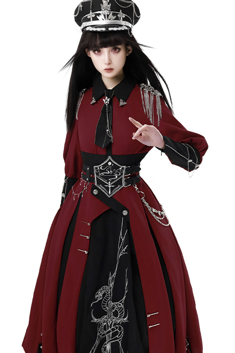 Red Black Metal Chain Print Bow Gothic Military Elegant Lolita Dress