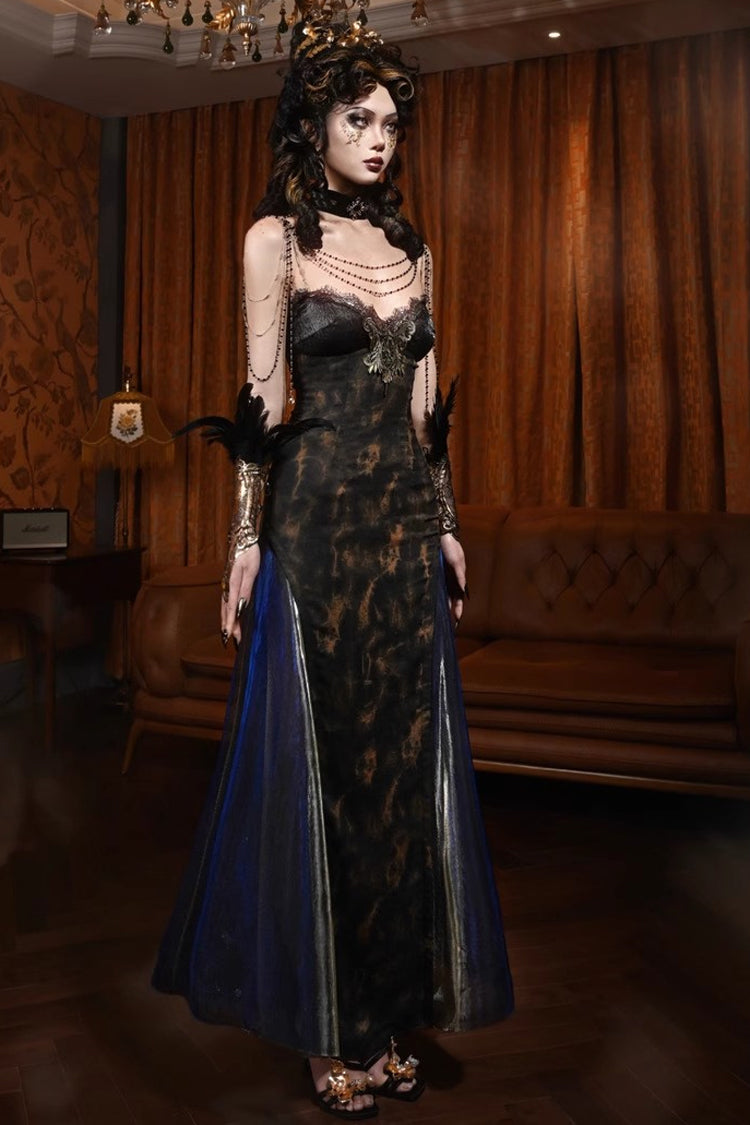 Black Gilded European V-Neck Sleeveless Print Lace Ruffle Slim Gothic JSK Dress